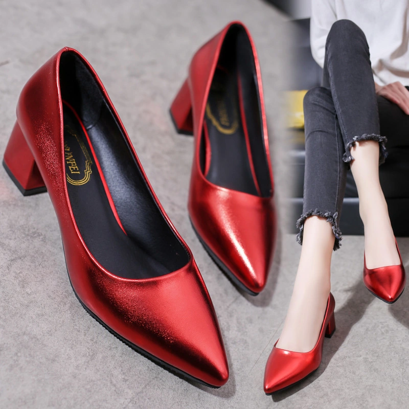 Women Slip-on Shoes Pumps 5cm High Heels Ladies Patent Leather Platform Pointed Toe Single Shoes Chunky Heels Female Dress Shoes Esg14043