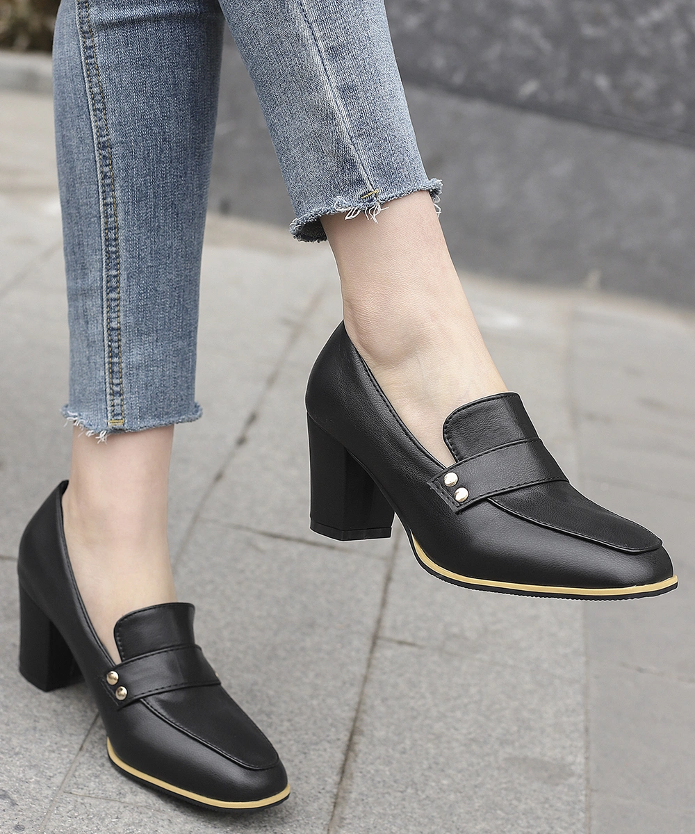 2024 New Chunky Heel Leather Shoes Black Square Toes MID-Heels Slip-on Office Loafer Shoes for Women and Ladies