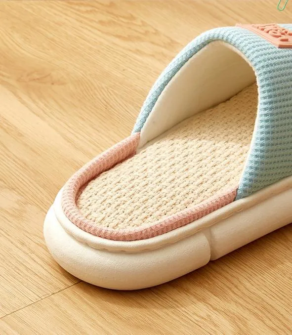 Waffle Fabric Cotton Linen Slippers Thick-Soled Non-Slip All Seasons Soft Bottom Shoes