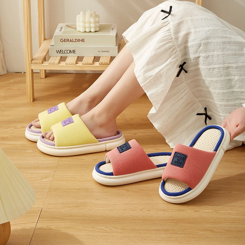 Waffle Fabric Cotton Linen Slippers Thick-Soled Non-Slip All Seasons Soft Bottom Shoes