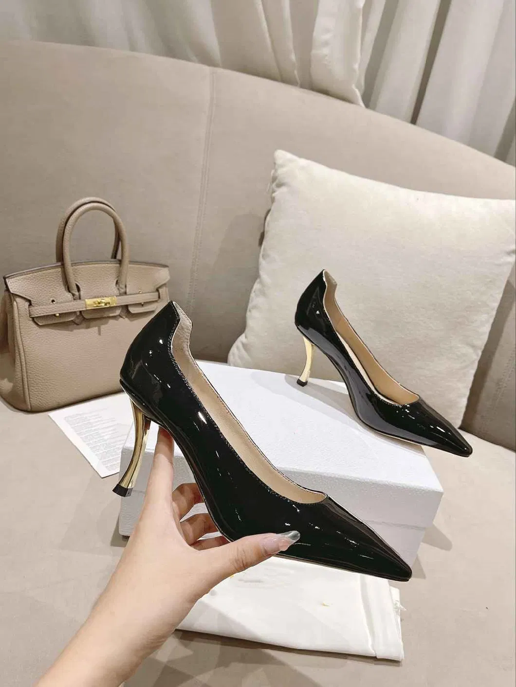 Thin Comfortable Fashion Temperament Patent Leather Sheep Skin Women High Heel Shoes