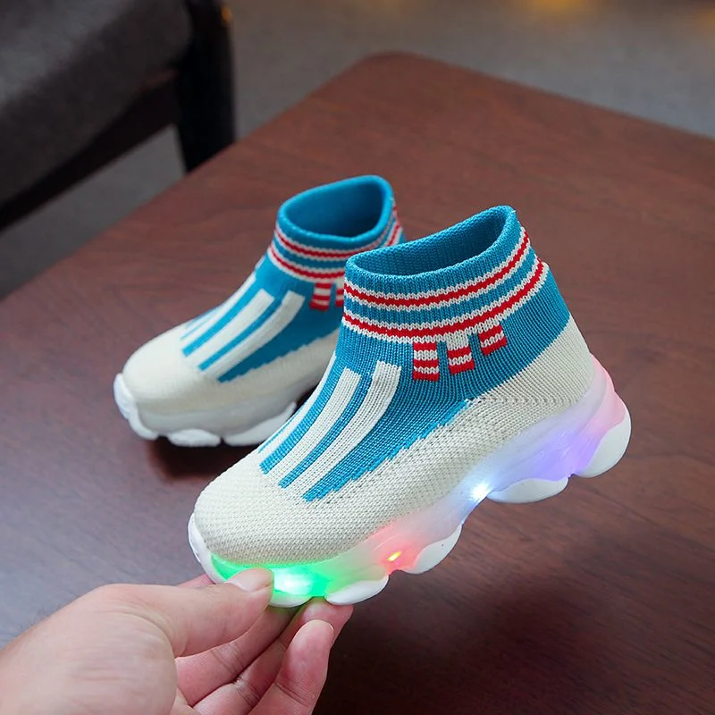 New Boys Socks Shoes LED Lights Girls Sneakers Fashion Flying Woven Luminous Sports Shoes for Kids