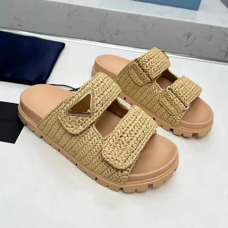 Triangle Straw Designer Slippers Platform Sandals Fashion Slip-on Beach Sandal Front Strap Raffia Fabric Thick Sole Summer Shoes Women Sliders