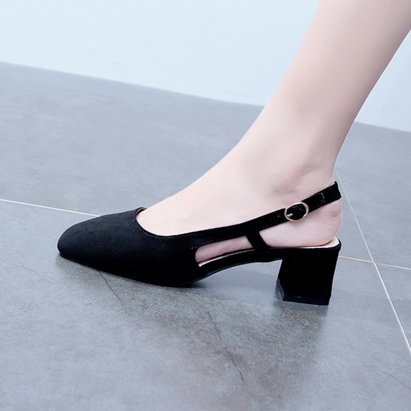 Women Basic Shoes Suede Slingback Straps Cut-out Shoe Chunky MID Heels Round Toe Hand-Made Dress Shoes with Adjustable Buckle Esg14044