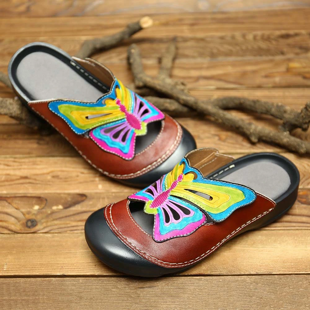 Women Close Toe Leather Slip on Slippers Retro Style Hippie Shoes