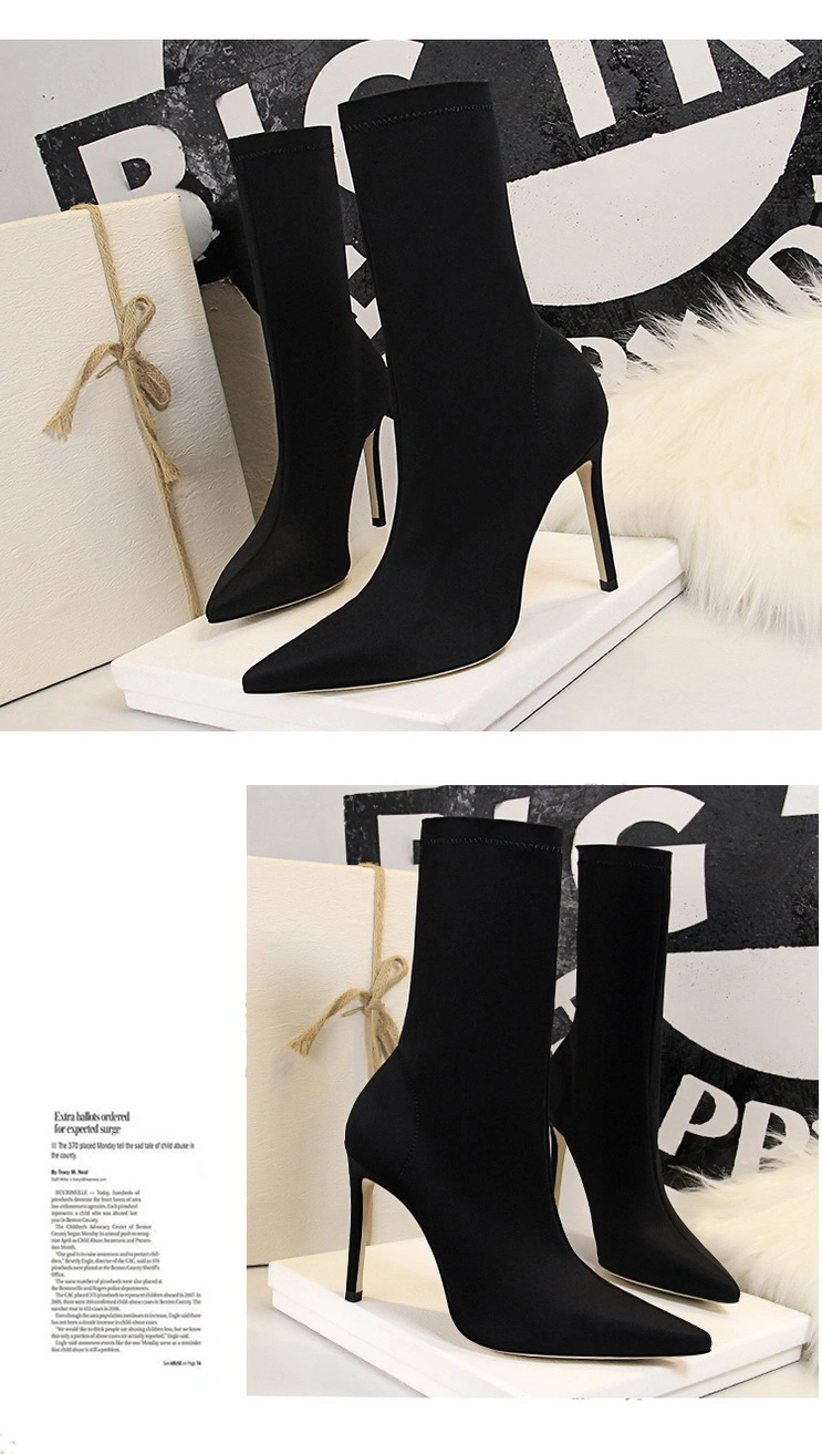 Simple Women&prime;s Boots Stiletto Super High Heels Sexy Nightclub Pedicure Slim Pointed Silk Satin Stretch Fabric Booties Women Shoes Fa315-1