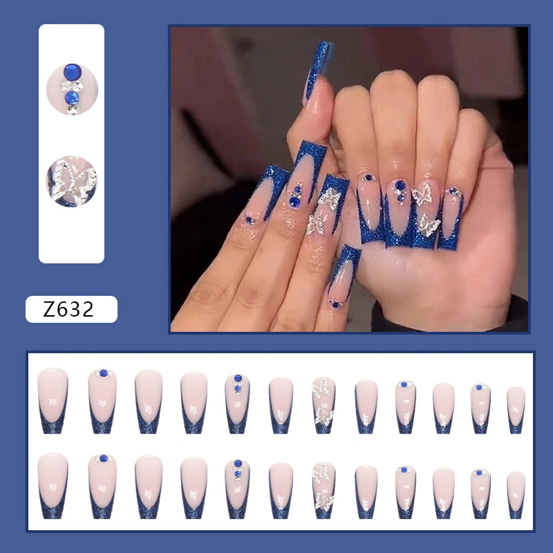 Long Ballet Nail Sparkling Blue French Women&prime;s Nail Enhancement