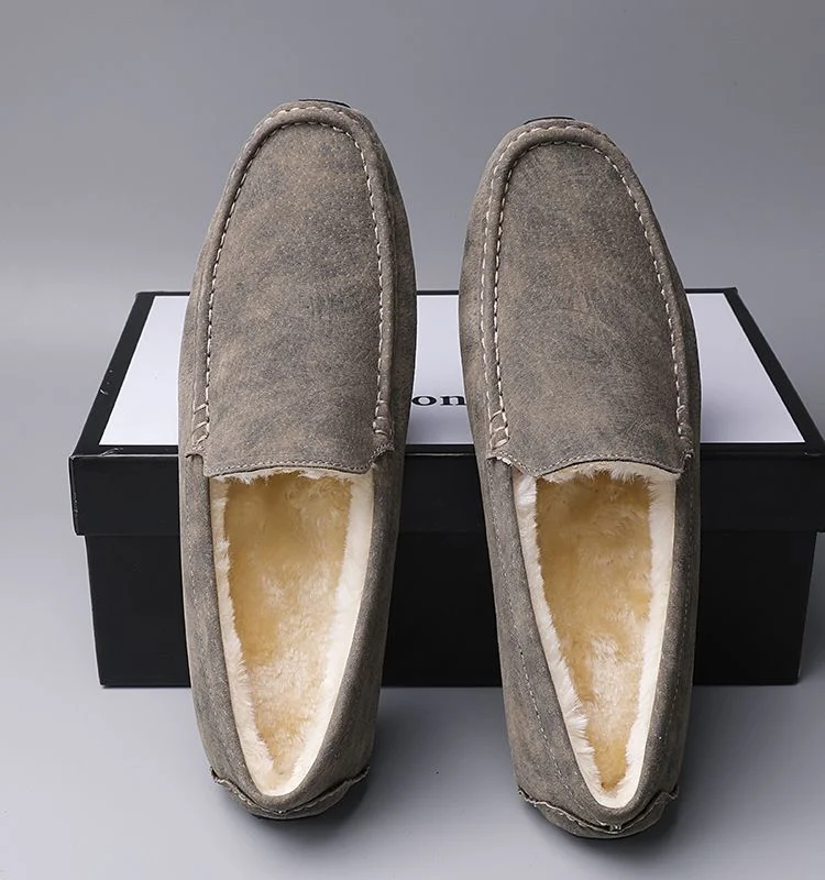 Warm Male Leather Bean Shoes Winter Soft Sole Slip-on Casual Loafers Driving Shoes for Men