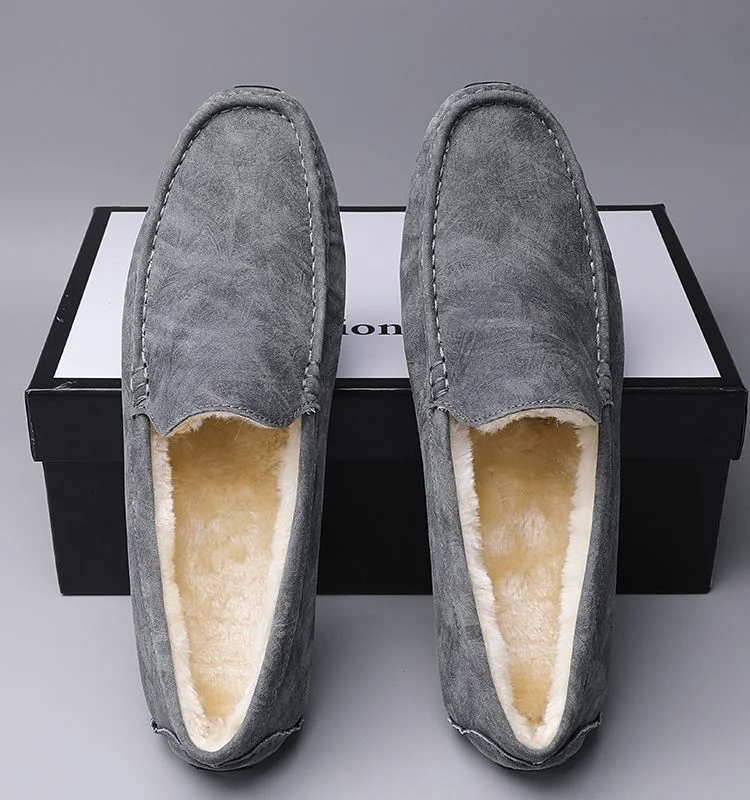 Warm Male Leather Bean Shoes Winter Soft Sole Slip-on Casual Loafers Driving Shoes for Men