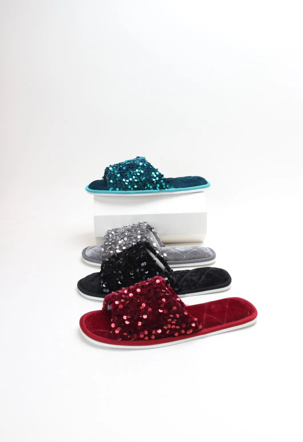 Open Toe Glitter Sequins Plush Furry Flat Mule Indoor Cozy Fuzzy Slippers Slip One Bordeaux 22as031-01