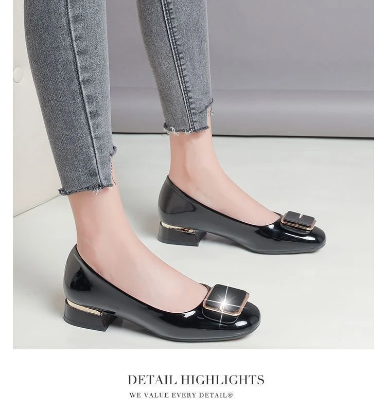 New Designed Square Toe Chunky Heels Fashion Metal Buckle Slip-on Soft Sole Non-Slip Patent Leather Shoes for Women