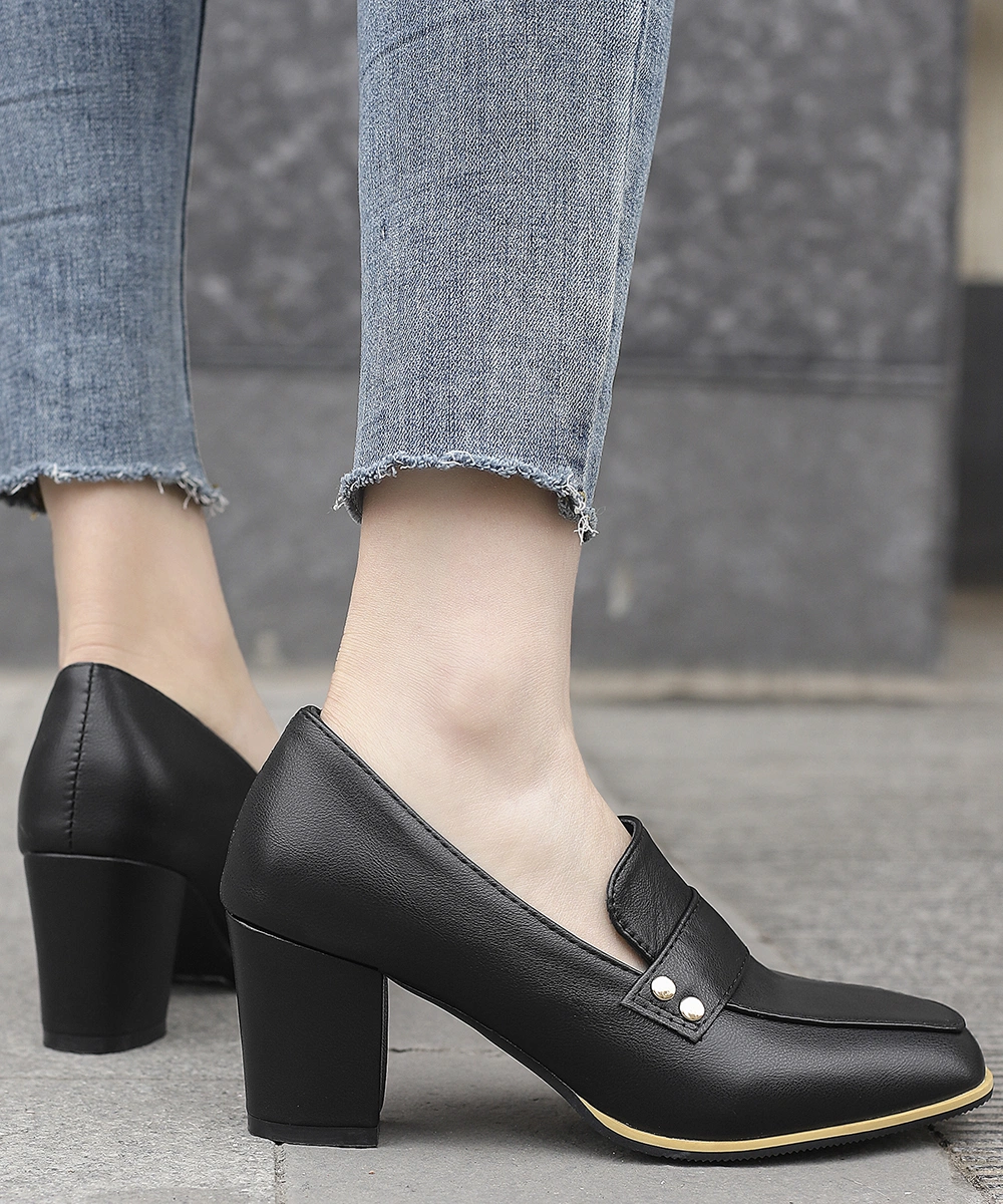 2024 New Chunky Heel Leather Shoes Black Square Toes MID-Heels Slip-on Office Loafer Shoes for Women and Ladies