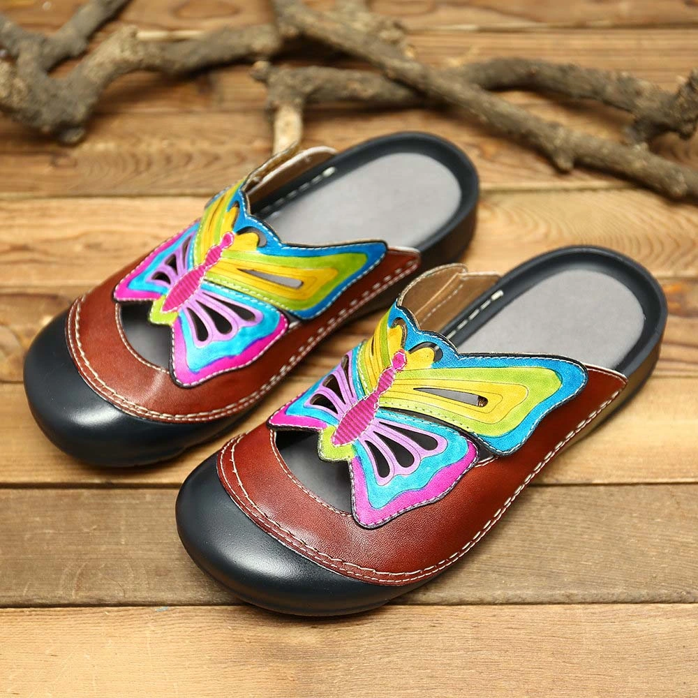 Women Close Toe Leather Slip on Slippers Retro Style Hippie Shoes