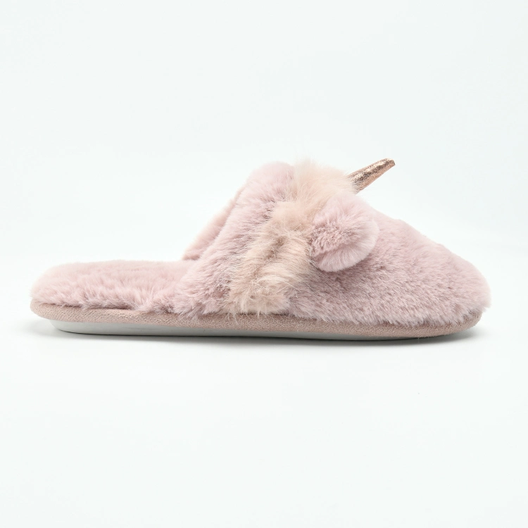 Pink Lovely Cute Unicorn Fur Fluffy Furry Kids Girls Indoor Animal Mule Slippers for Girls