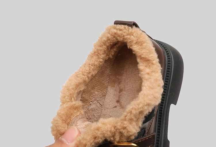 Children&prime;s English Style Plus Cashmere Two Cotton Warm Small Leather Shoes 2023 Winter Shoes