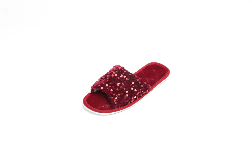 Open Toe Glitter Sequins Plush Furry Flat Mule Indoor Cozy Fuzzy Slippers Slip One Bordeaux 22as031-01