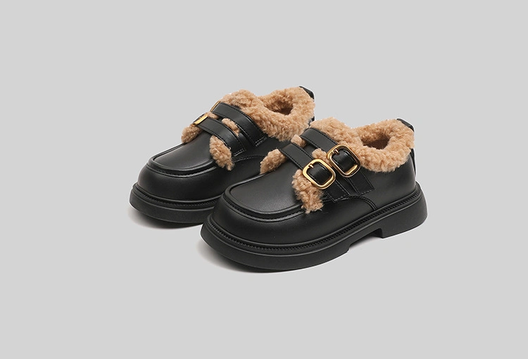 Children&prime;s English Style Plus Cashmere Two Cotton Warm Small Leather Shoes 2023 Winter Shoes