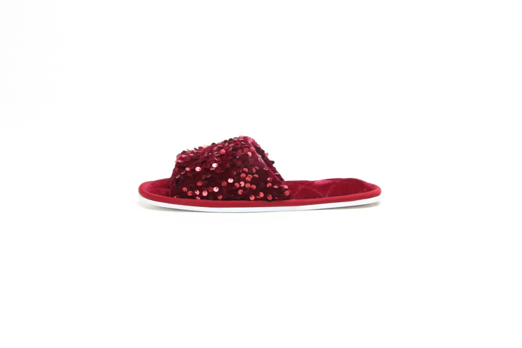 Open Toe Glitter Sequins Plush Furry Flat Mule Indoor Cozy Fuzzy Slippers Slip One Bordeaux 22as031-01