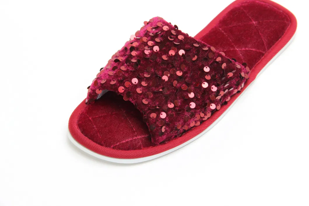 Open Toe Glitter Sequins Plush Furry Flat Mule Indoor Cozy Fuzzy Slippers Slip One Bordeaux 22as031-01