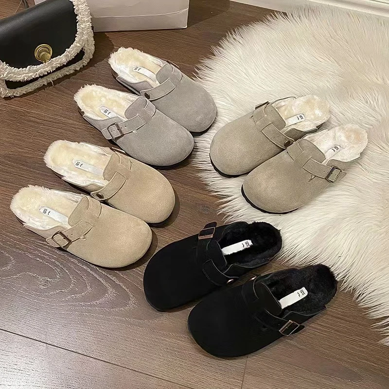  Women Winter Warm Suede Slides Fur Clogs Mules Wool Slipper Shoes