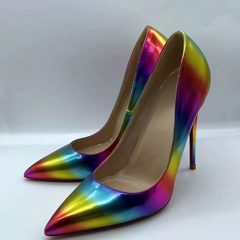 Custom Patent Leather 8 Cm 10 Cm 12 Cm Stilettos Ladies High Heels Gradient Colorful Rainbow Sexy Dress Shoes for Women