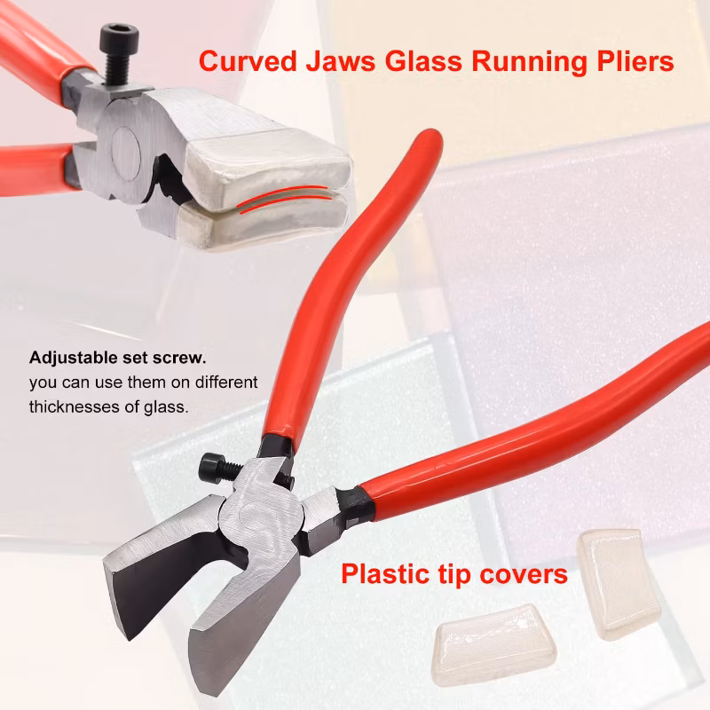 Pliers with Curved Jaws, Glass Running Pliers Heavy Duty with Rubber Tips for Stained Glass Work Mosaics Breaking Tool