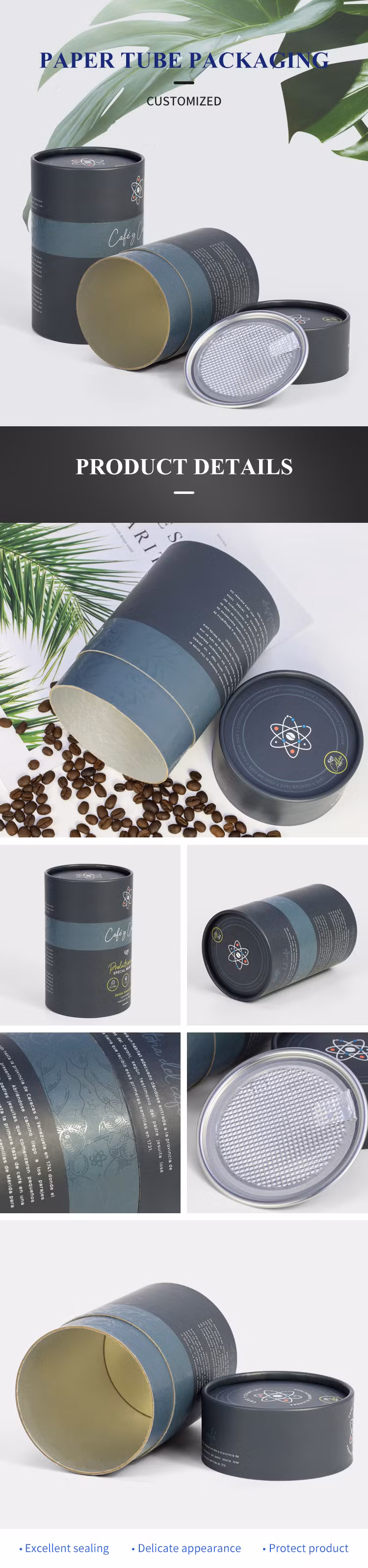 Firstsail Factory Wholesale Custom Air Tight Aluminum Easy Tear off Lid Spice Salt Coffee Powder Food Grade Packaging Cylinder Paper Tube