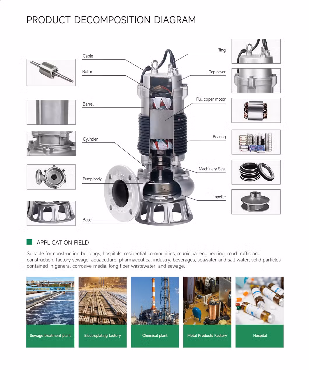 Deodorizing Tower Vertical Stainless Steel Centrifugal Submersible Sewage Water Pump