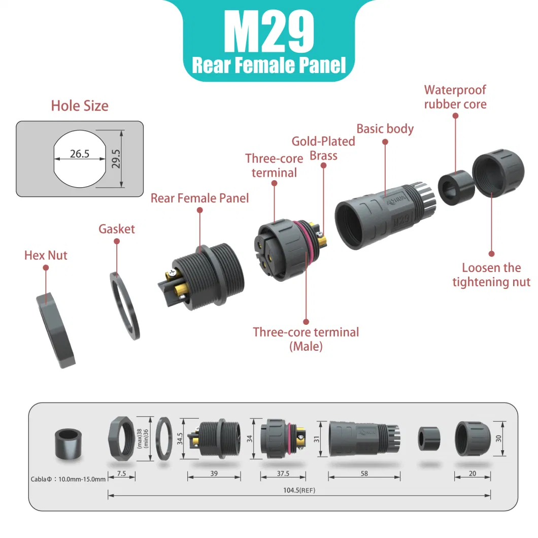 IP67 LED Lighting Junction Box Panel Mount Connector M29 3 Pin Rear Female Panel Socket Screw Type Wire Connection for Outdoor Electronic Devices