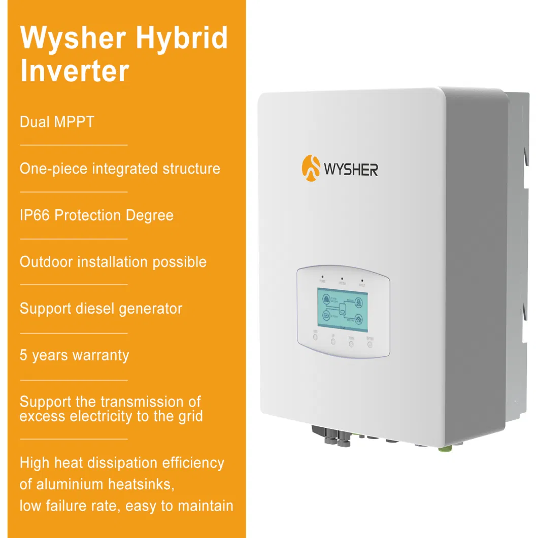 Wysher 3kw 5kw 8kw 10kw Single Phase Hybrid Solar Panel Inverter for Energy Storage System with 2 MPPT Controller