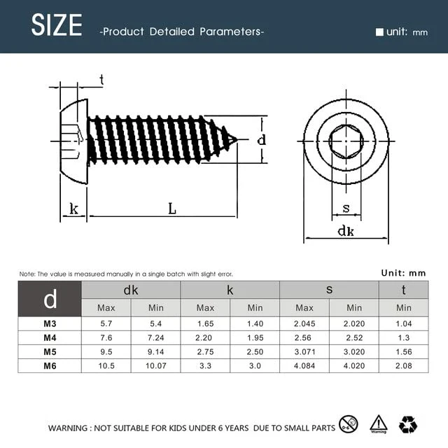 M4 X 16mm Stainless Steel 304 Metric Screws Button Head Hex Socket Cutting Screws Self-Tapping Screws