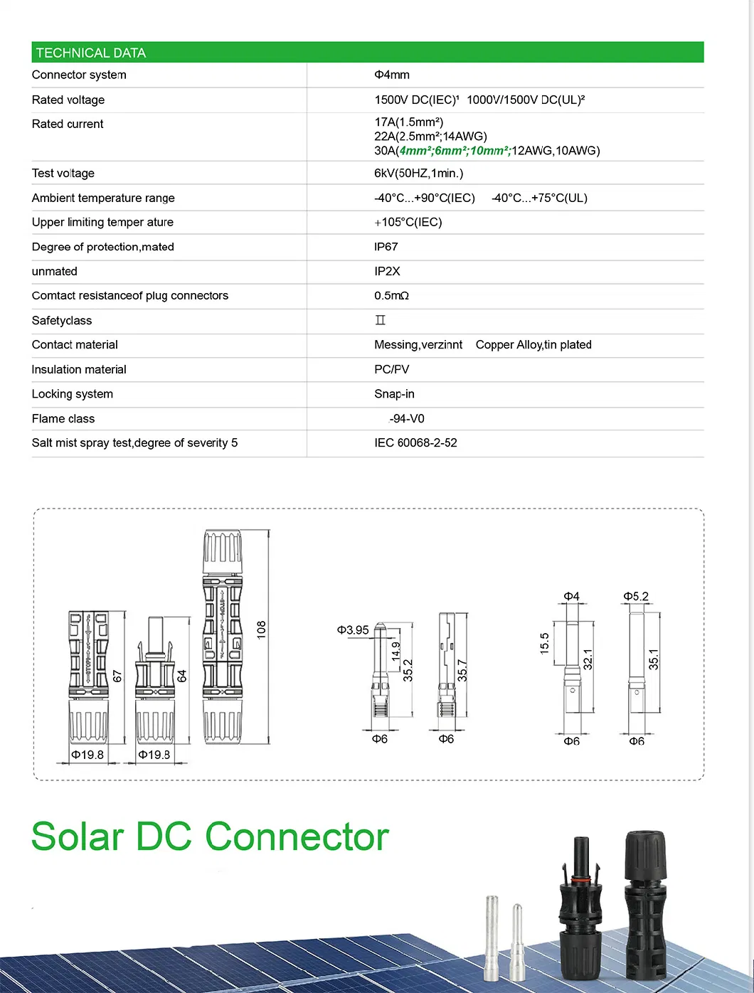 1500V PV Solar Mc4 Energy System Connector IP67 Solar Connector