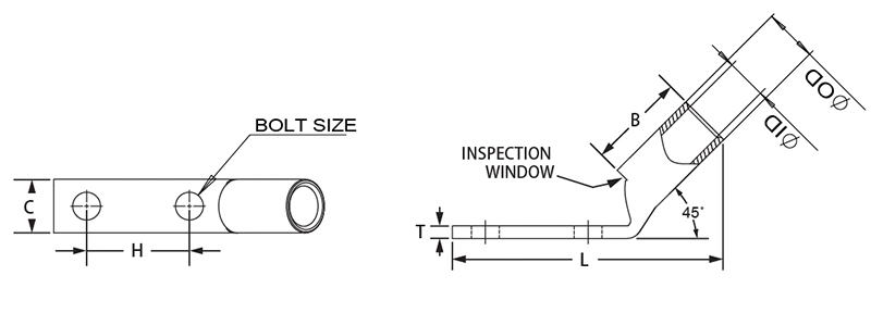 Two Hole Code Conductor Standard Barrel Narrow Tongue Grounding Cable Lugs with Inspection Window