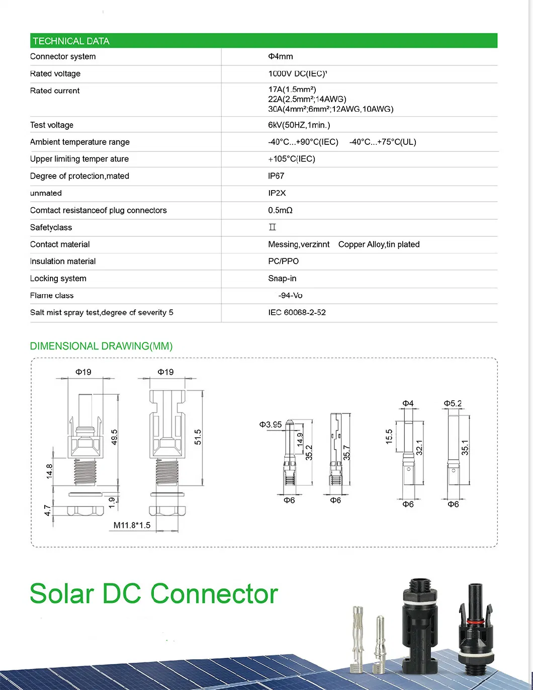 1500V PV Solar Mc4 Energy System Connector IP67 Solar Connector