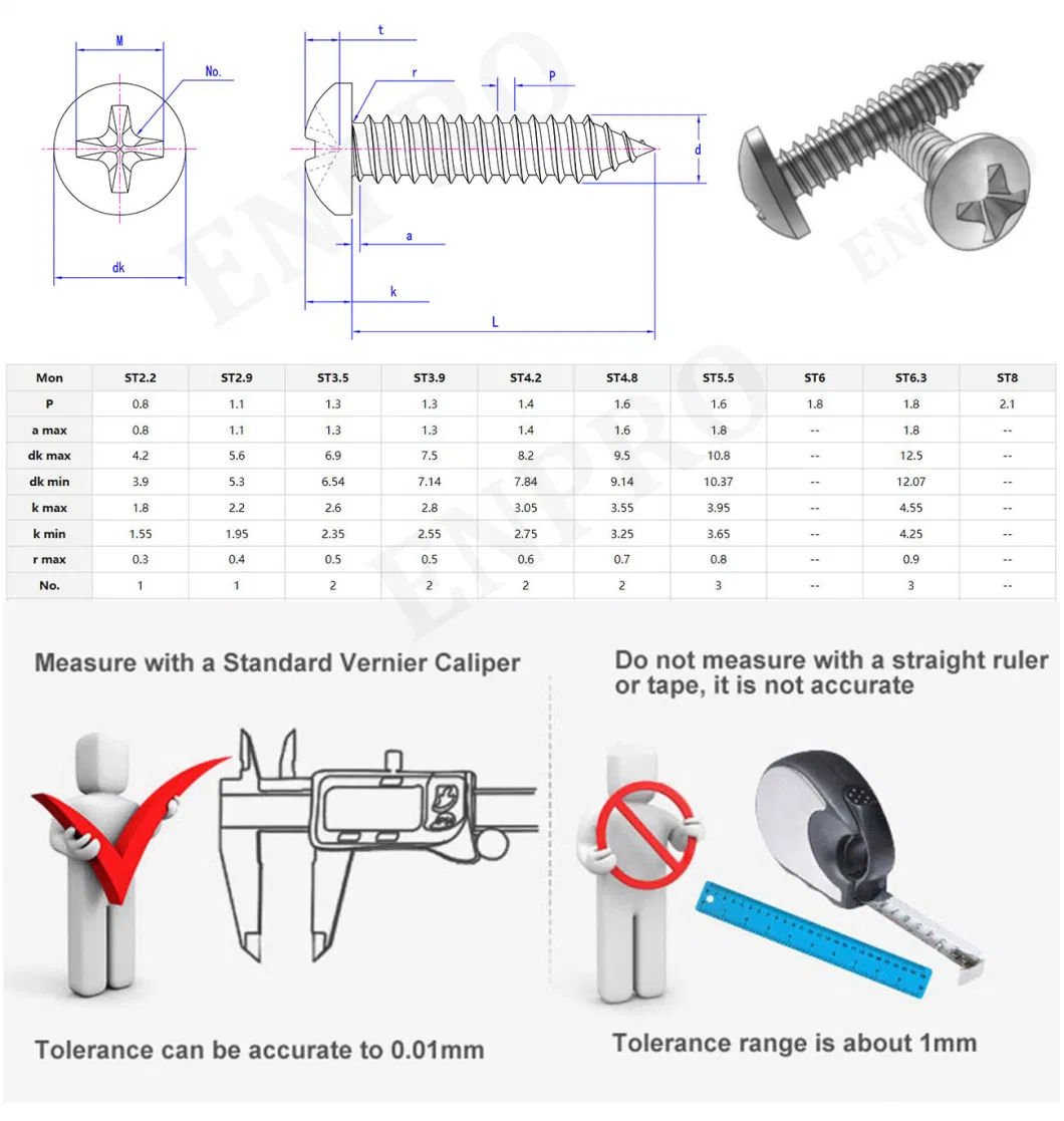 DIN7981 Blue Zinc Plated 150mm Easy Drive 4.8 Grade Phillips 6-32 Long Metal Steel Pan Head M2 M3 M4 M5 Self-Tapping Self Tapping Screws