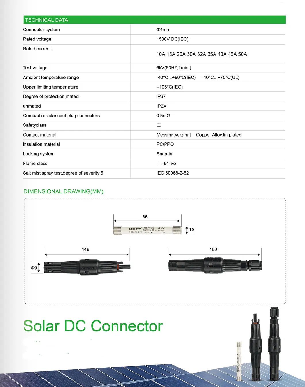 1500V PV Solar Mc4 Energy System Connector IP67 Solar Connector