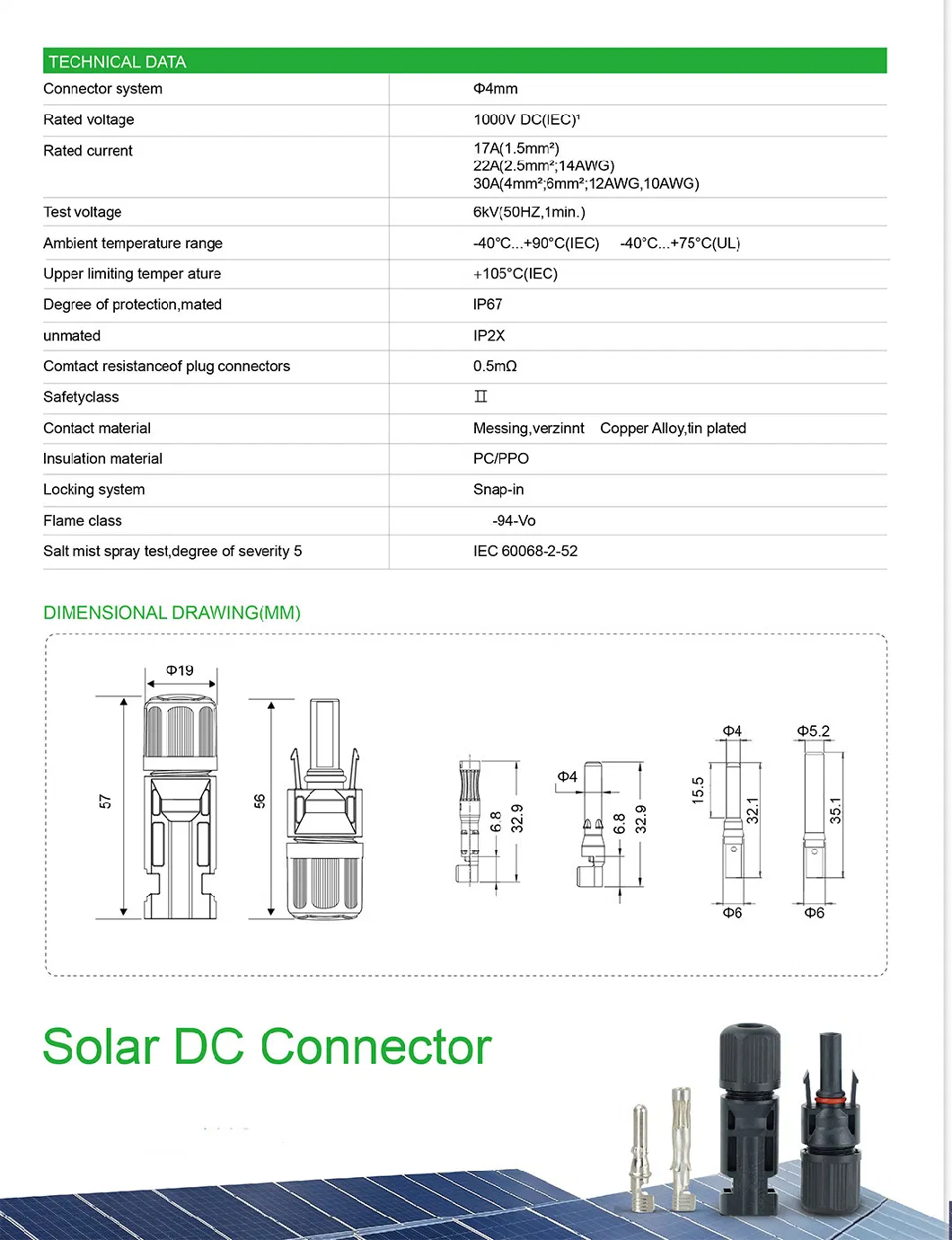 1500V PV Solar Mc4 Energy System Connector IP67 Solar Connector