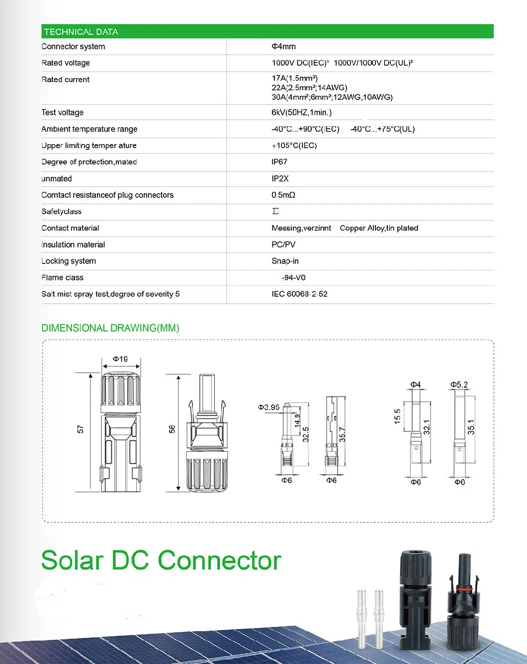 1500V PV Solar Mc4 Energy System Connector IP67 Solar Connector