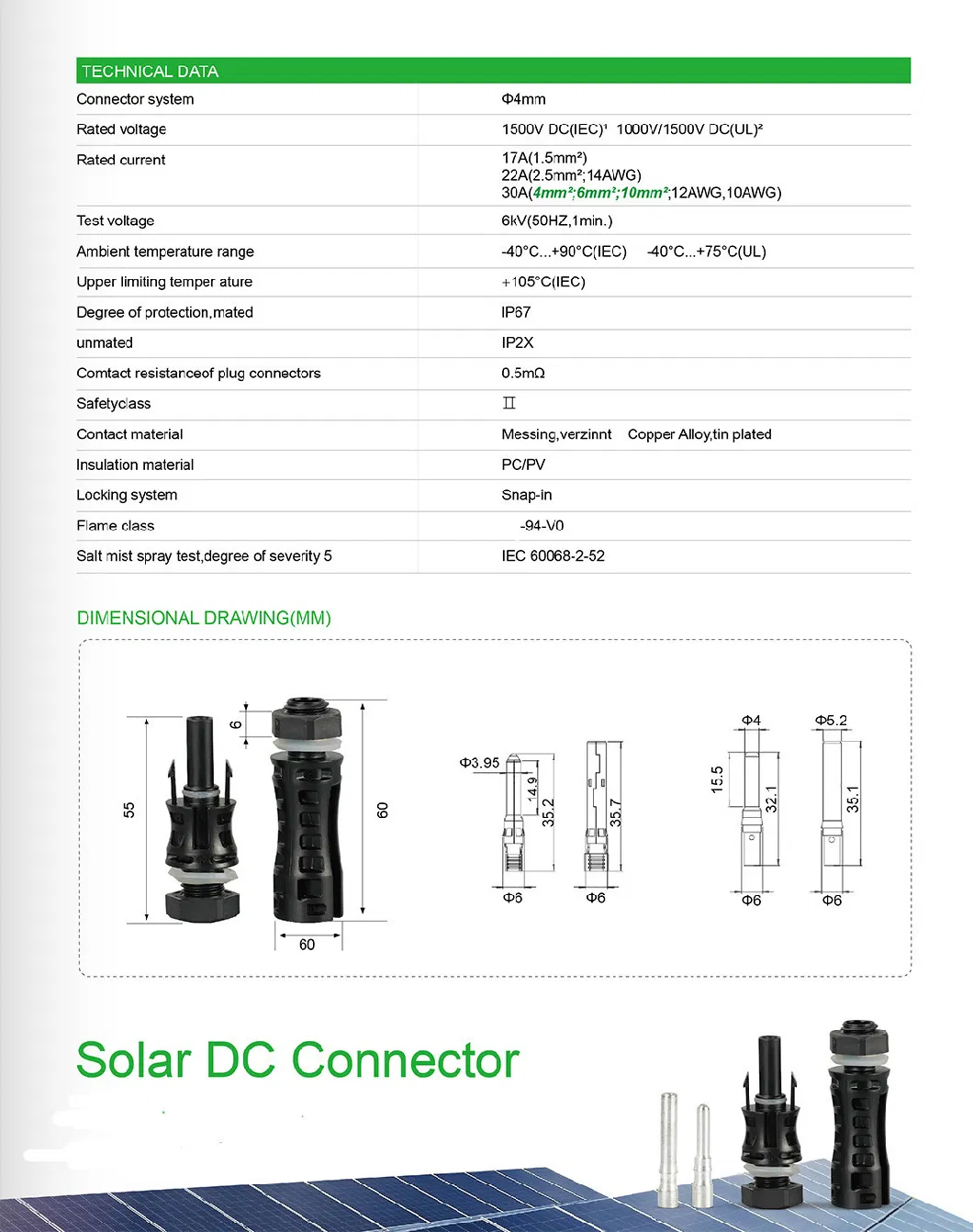 1500V PV Solar Mc4 Energy System Connector IP67 Solar Connector