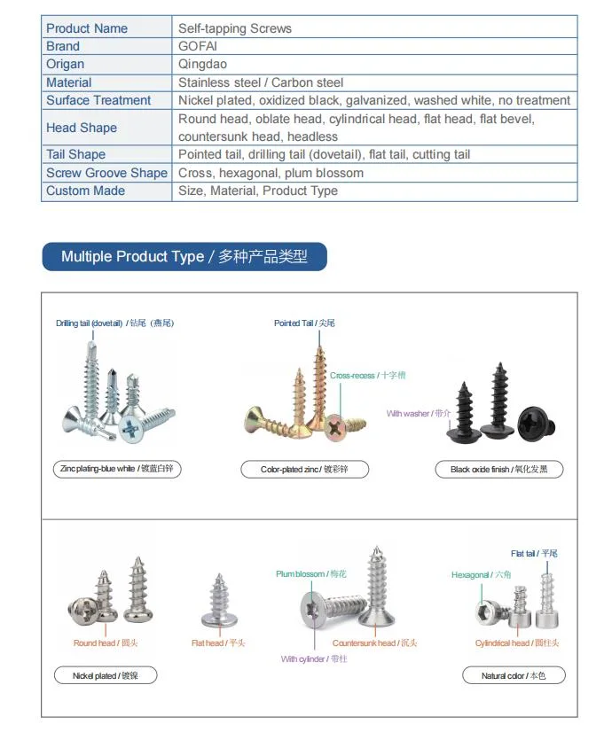 304 316 Stainless Steel Carbon Steel Black Cross Round Head Pan Head Cutting Tail Self Tapping Screw