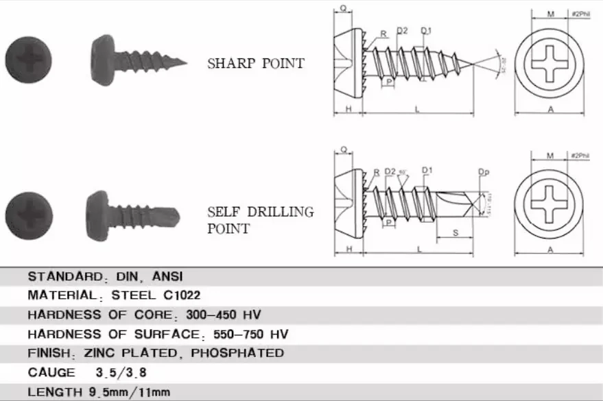 DIN 7504p SS304 SS316 Cross Recessed Small Flat Head Bugle Csk Self Tapping Roofing Screws for Metal