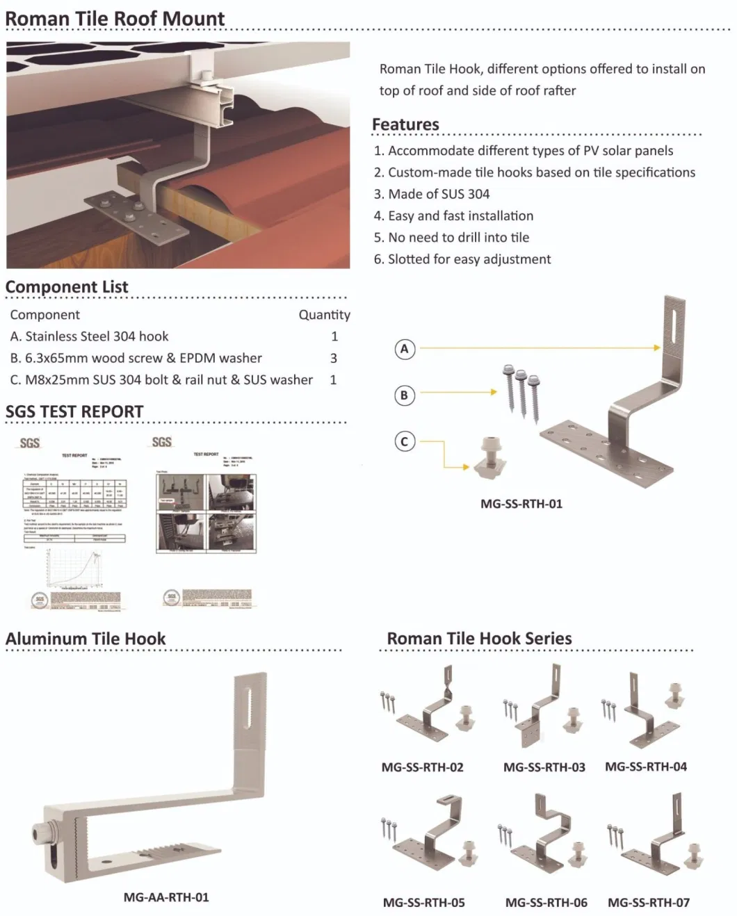 SUS304 Stainless Steel Tile Roof Hooks Solar Rack Mounting Tile Roof Hooks