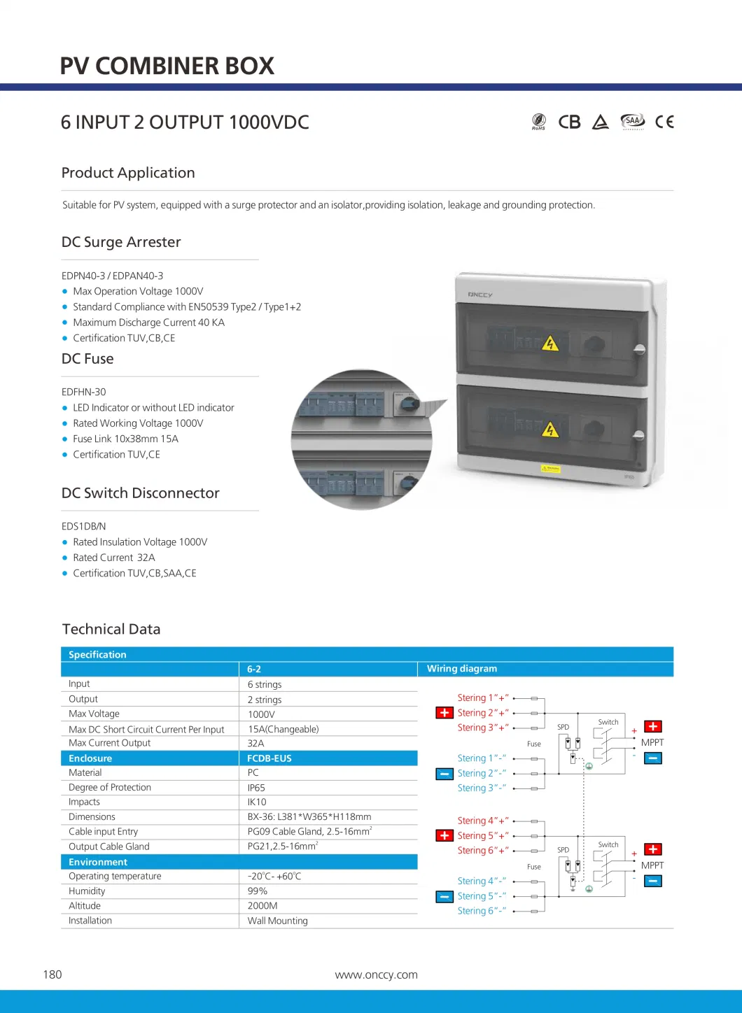 DC Solar Combiner Box Junction Box Waterproof IP66 for Photovoltaic Solar Panels