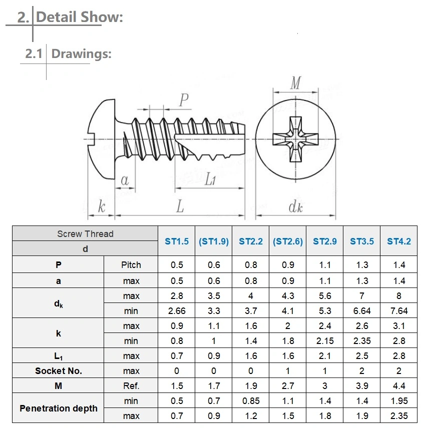 Hardware Nickel Palted Stainless Steel Round Head PT Thread Cross Cutting Tail Self Tapping Screw