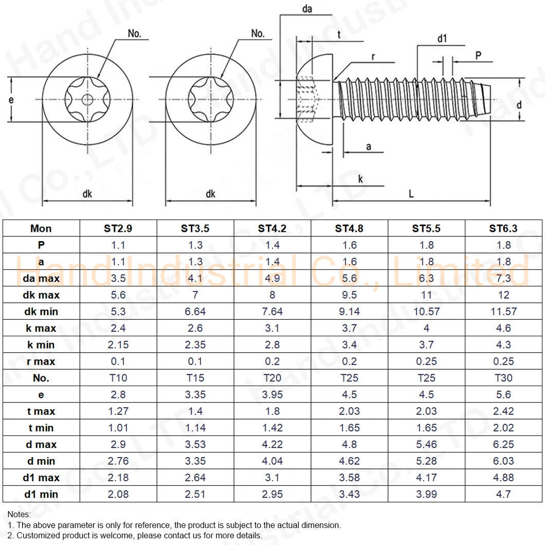 SS304 for Plastic Screw Self Tapping Cutting End Button Head Torx Screw