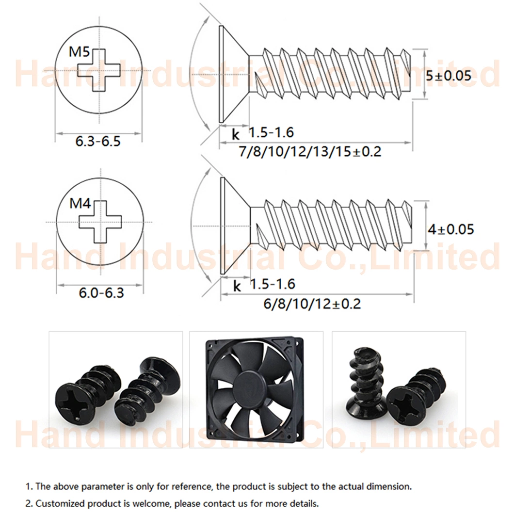 1000PC Black Zinc Plated M4 10mm Phillips Csk Head Self Tapping Screws Fan Screws