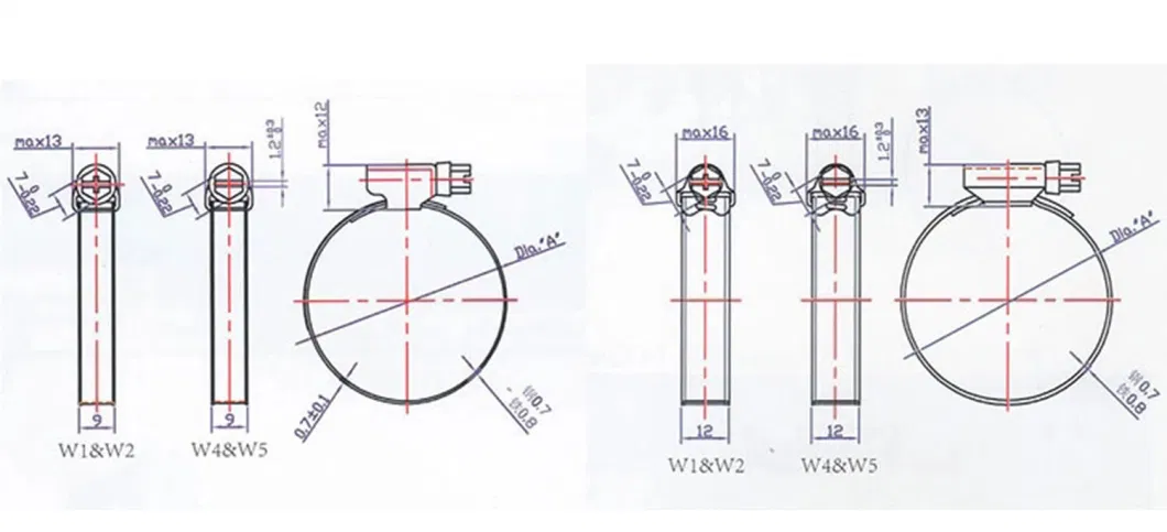 12mm W1 W2 W4 German Middle Type Worm Drive Hose Clamps