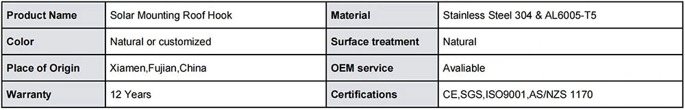Solar Aluminum Tile Roof Hook Adjustable Aluminum 6005-T5 Material Solar Roof Mount