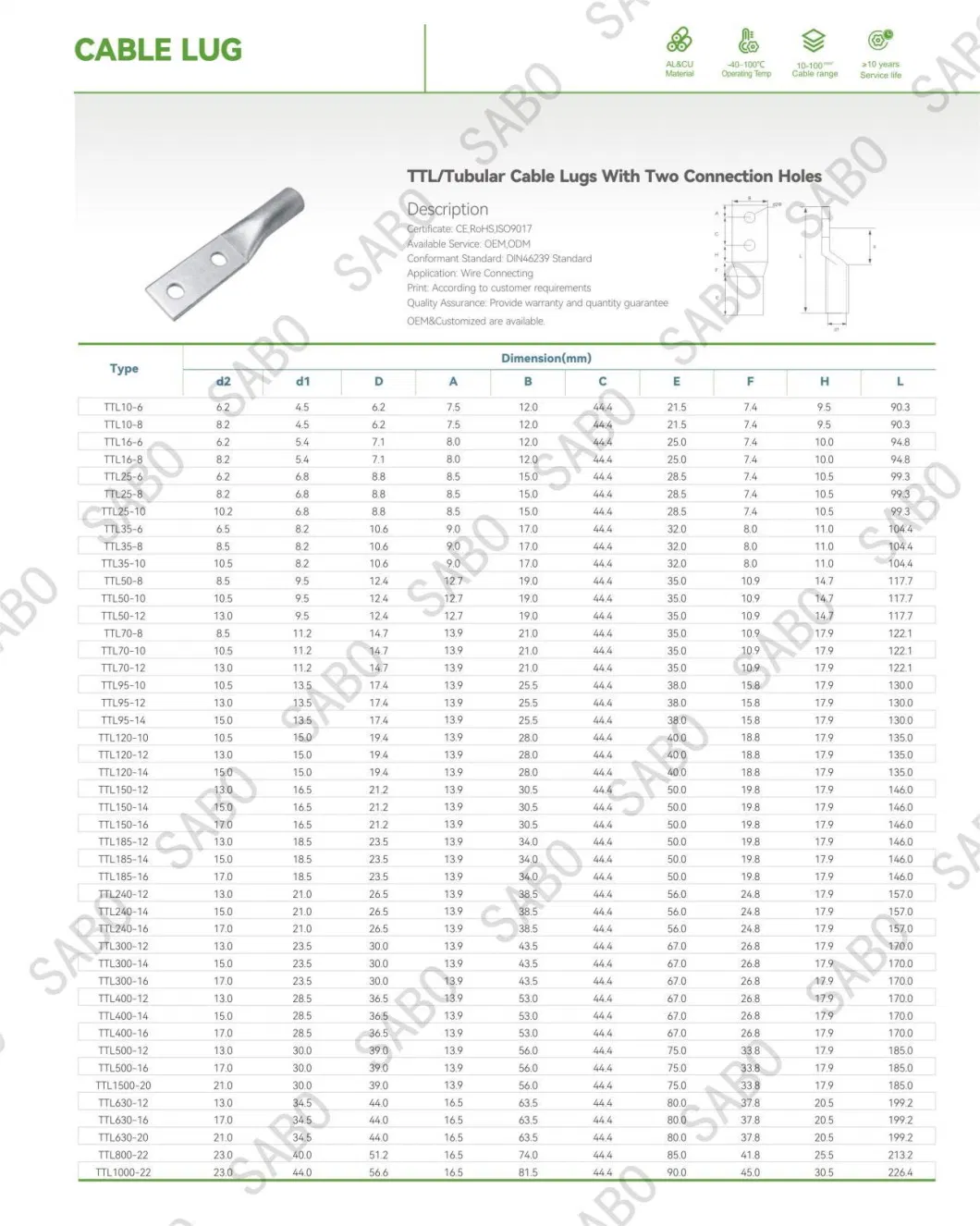 Double Holes Copper Electrical Grounding Connecting Terminals DIN Crimping Machine Cable Lug Type