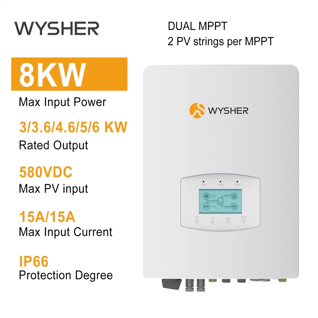 Wysher 3kw 5kw 8kw 10kw Single Phase Hybrid Solar Panel Inverter for Energy Storage System with 2 MPPT Controller